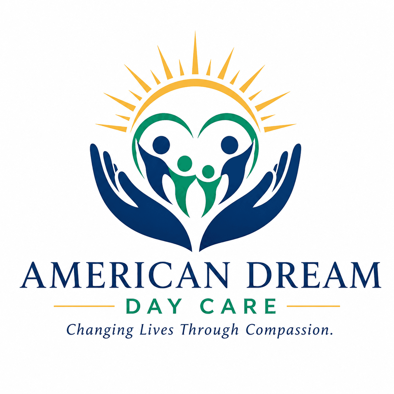The American Dream Day Care logo: two hands cradling a heart beneath a rising sun.